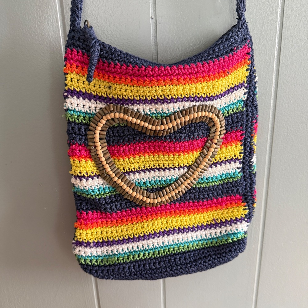 Lina Rainbow Crochet Heart Beaded Crossbody Bag Navy Blue Multi Boho Festival